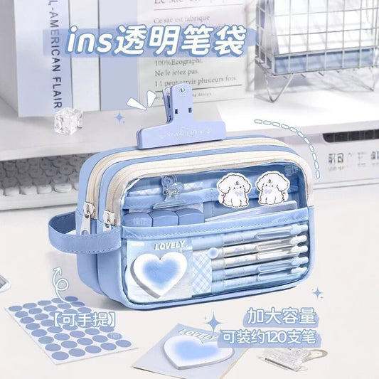 Super Popular Boys and Girls Large-Capacity Junior High School Students and Primary School Students Pencil Stationery Box Transparent Stationery Bag Ins Style Pencil Bag