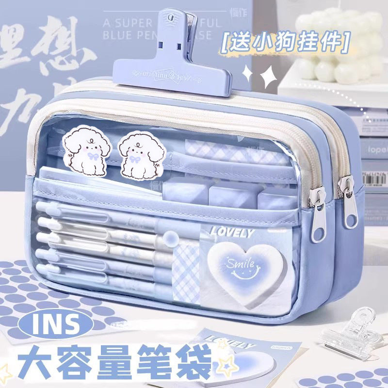 Super Popular Boys and Girls Large-Capacity Junior High School Students and Primary School Students Pencil Stationery Box Transparent Stationery Bag Ins Style Pencil Bag