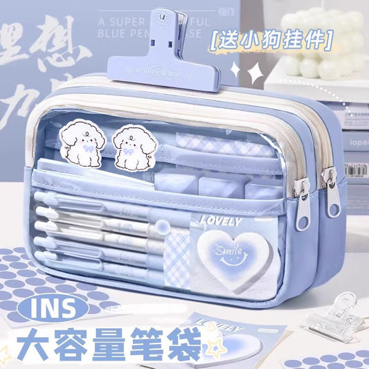 Super Popular Boys and Girls Large-Capacity Junior High School Students and Primary School Students Pencil Stationery Box Transparent Stationery Bag Ins Style Pencil Bag