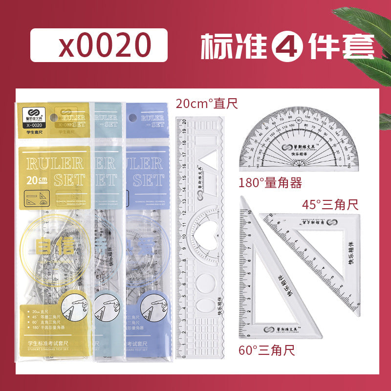 Student Set of Rulers 4-Piece Set Ruler 20cm Triangle Set Ruler Protractor Multi-Functional Primary School Student Macaron