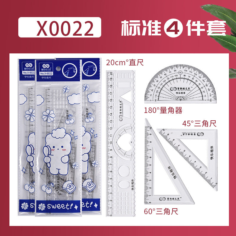 Student Set of Rulers 4-Piece Set Ruler 20cm Triangle Set Ruler Protractor Multi-Functional Primary School Student Macaron