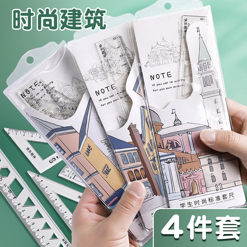 Student Set of Rulers 4-Piece Set Ruler 20cm Triangle Set Ruler Protractor Multi-Functional Primary School Student Macaron
