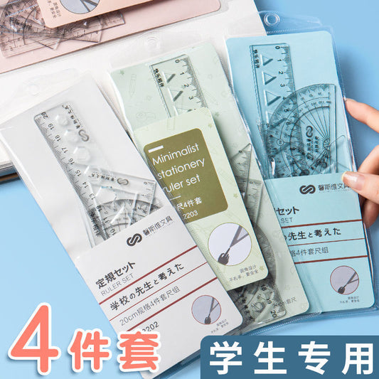 Student Set of Rulers 4-Piece Set Ruler 20cm Triangle Set Ruler Protractor Multi-Functional Primary School Student Macaron