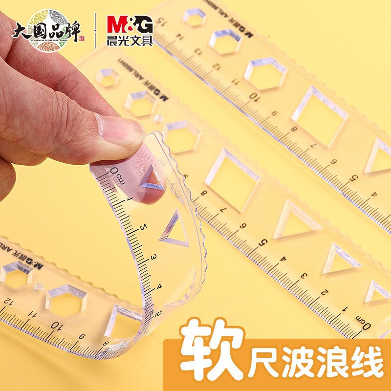 Morning Cg Light Soft Ruler with Wavy Lines 15cm 20cm Elementary School Student Stationery Set Multifunctional Transparent Plastic