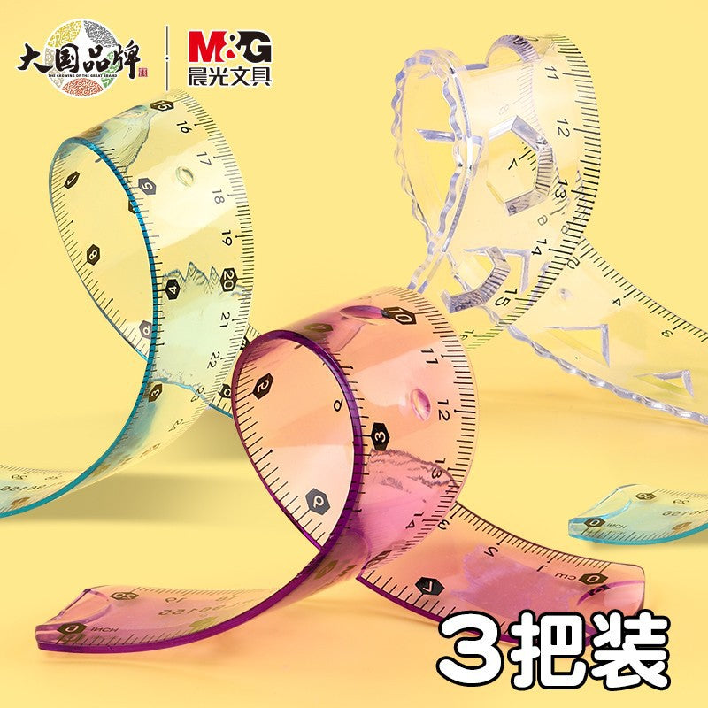 Morning Cg Light Soft Ruler with Wavy Lines 15cm 20cm Elementary School Student Stationery Set Multifunctional Transparent Plastic