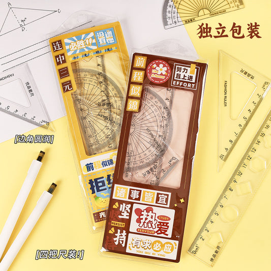 Creative Inspirational Ruler Set for Students, Four-Piece Set, High-Quality Transparent Ruler, Triangle Ruler, Protractor, Ruler Set Wholesale