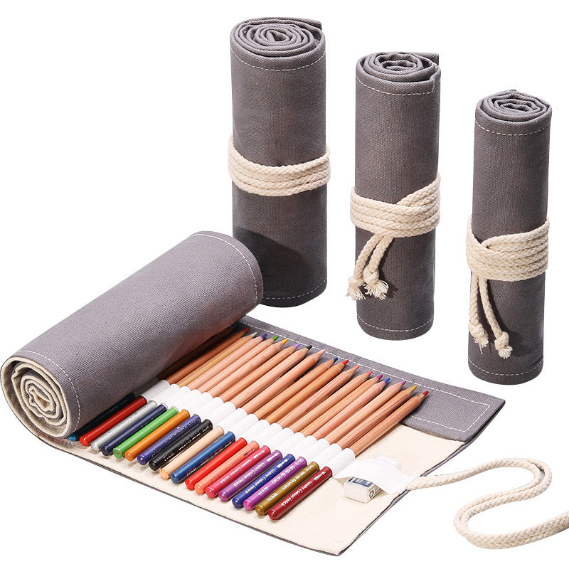 Handmade Canvas Pen Curtain 36/48/72 Holes Large Capacity Niche High-End Pencil Bag Student Sketch Stationery Cosmetics Bag