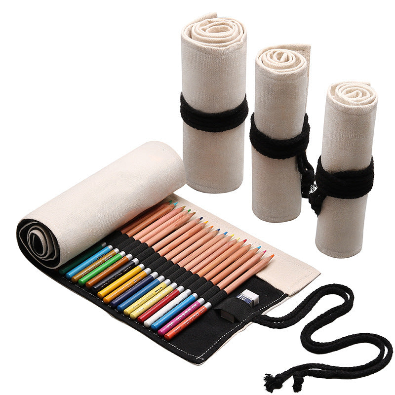 Handmade Canvas Pen Curtain 36/48/72 Holes Large Capacity Niche High-End Pencil Bag Student Sketch Stationery Cosmetics Bag