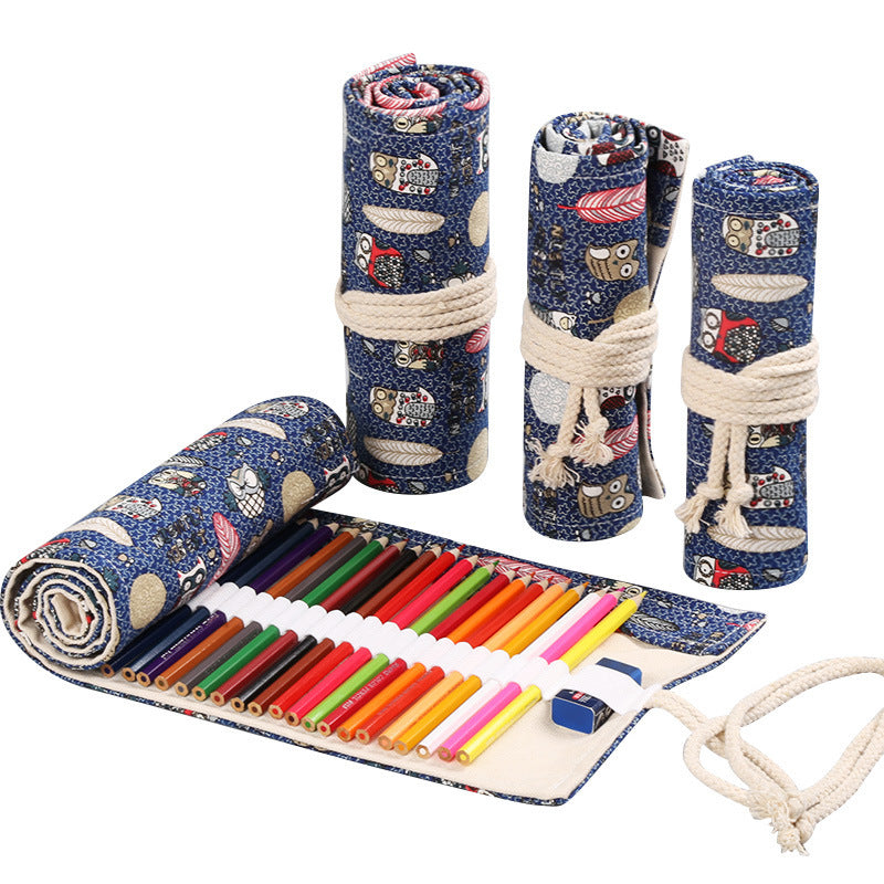 Handmade Canvas Pen Curtain 36/48/72 Holes Large Capacity Niche High-End Pencil Bag Student Sketch Stationery Cosmetics Bag