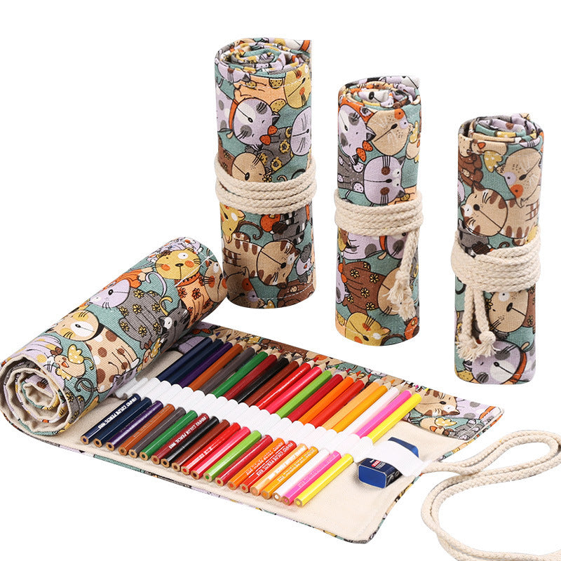 Handmade Canvas Pen Curtain 36/48/72 Holes Large Capacity Niche High-End Pencil Bag Student Sketch Stationery Cosmetics Bag