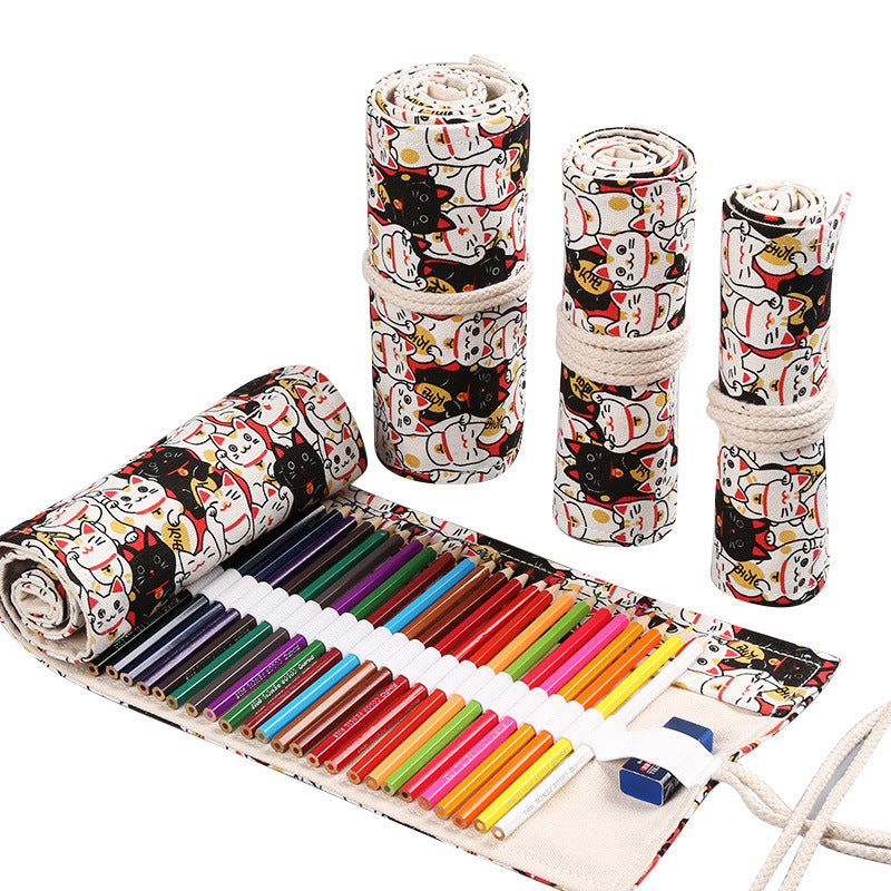 Handmade Canvas Pen Curtain 36/48/72 Holes Large Capacity Niche High-End Pencil Bag Student Sketch Stationery Cosmetics Bag