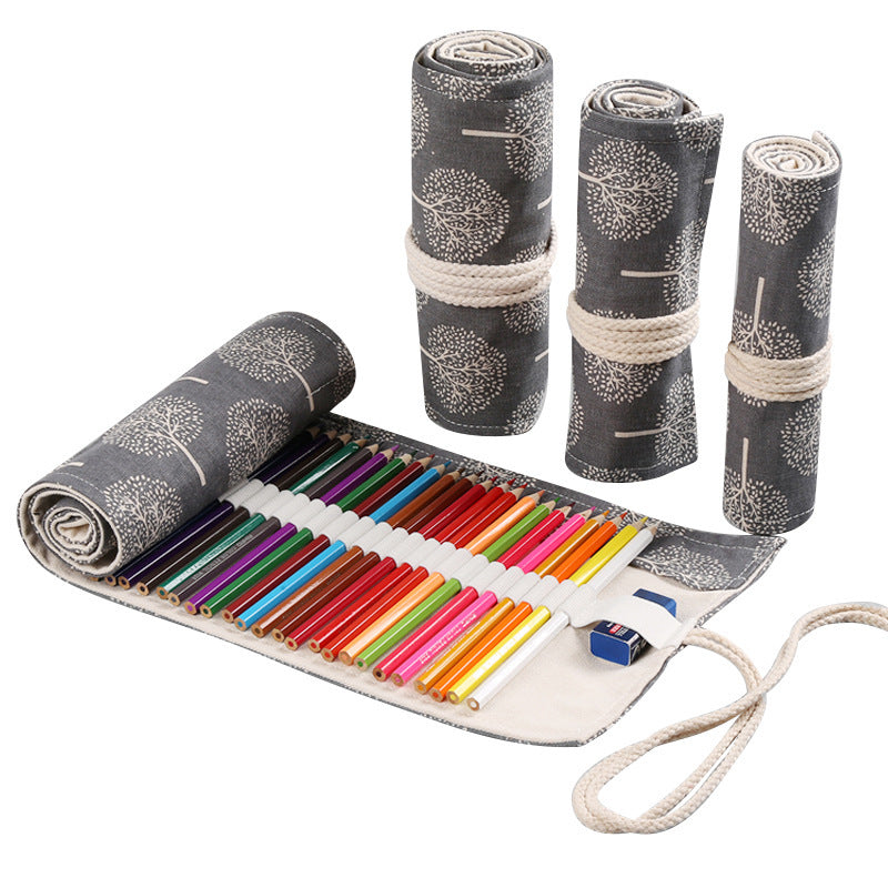 Handmade Canvas Pen Curtain 36/48/72 Holes Large Capacity Niche High-End Pencil Bag Student Sketch Stationery Cosmetics Bag