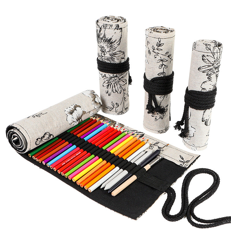 Handmade Canvas Pen Curtain 36/48/72 Holes Large Capacity Niche High-End Pencil Bag Student Sketch Stationery Cosmetics Bag