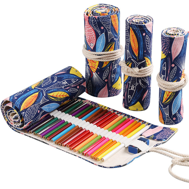 Handmade Canvas Pen Curtain 36/48/72 Holes Large Capacity Niche High-End Pencil Bag Student Sketch Stationery Cosmetics Bag