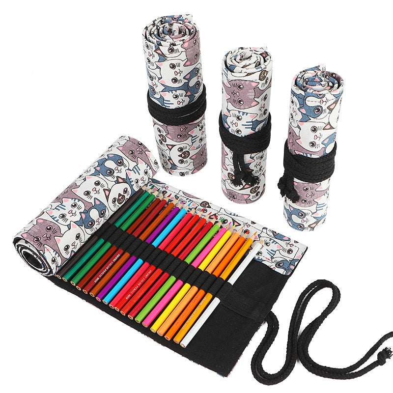 Handmade Canvas Pen Curtain 36/48/72 Holes Large Capacity Niche High-End Pencil Bag Student Sketch Stationery Cosmetics Bag