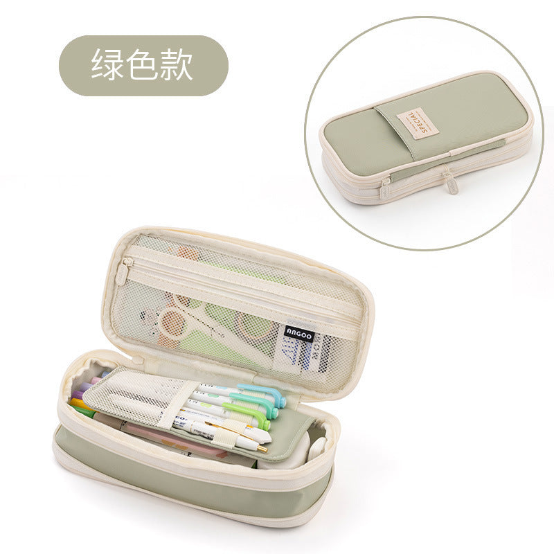 in stock Multi-layer Canvas Retractable Pencil Case Korean Simple High School Student Macaron Color-block Variable Large Capacity Pencil Case