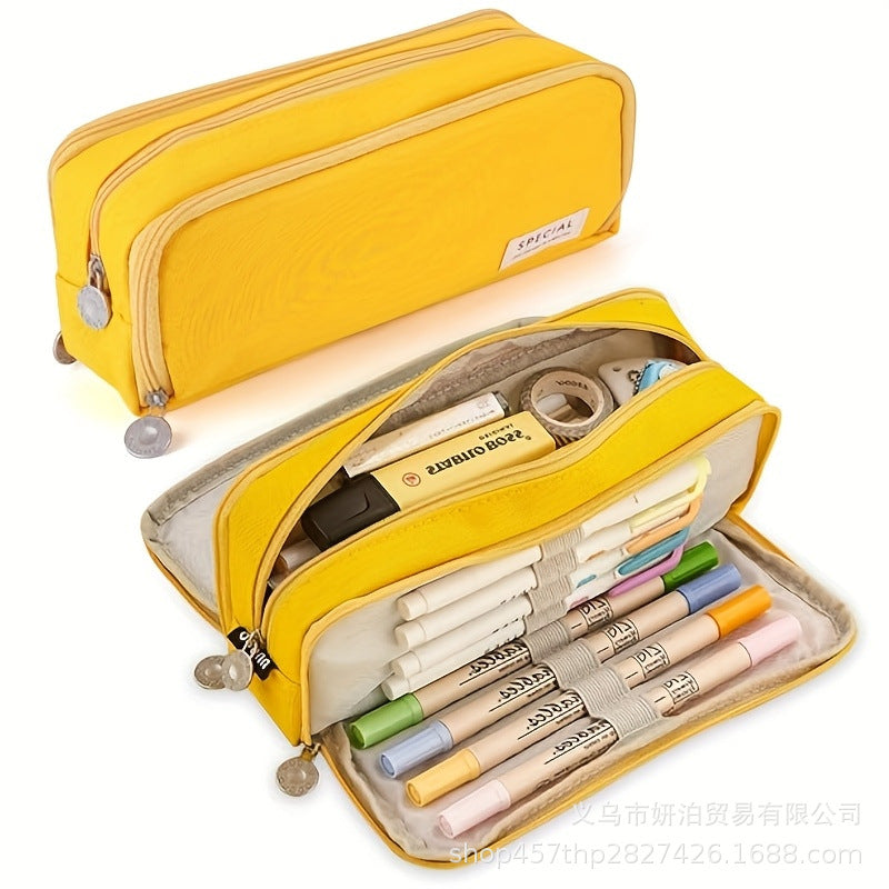 in stock Multi-layer Canvas Retractable Pencil Case Korean Simple High School Student Macaron Color-block Variable Large Capacity Pencil Case