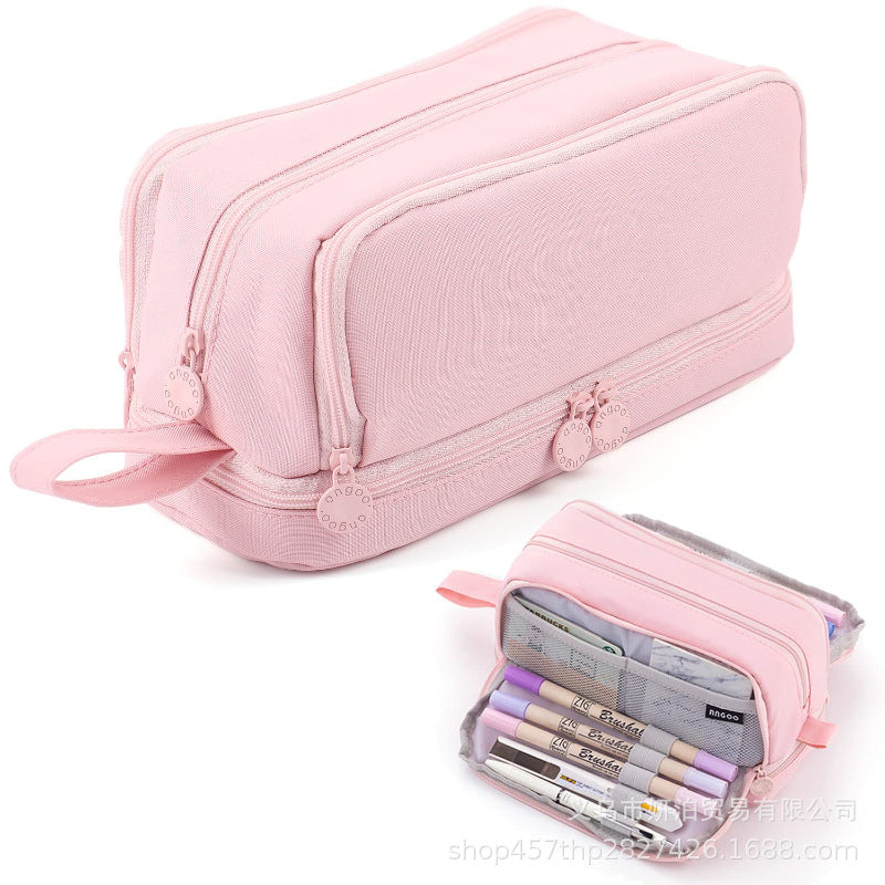 in stock Multi-layer Canvas Retractable Pencil Case Korean Simple High School Student Macaron Color-block Variable Large Capacity Pencil Case