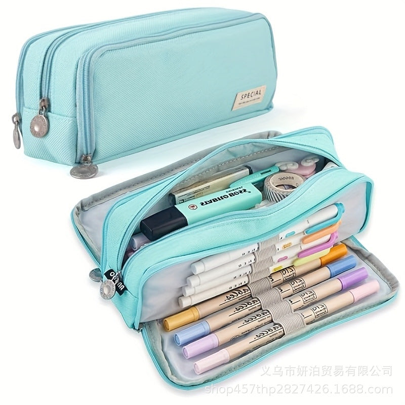 in stock Multi-layer Canvas Retractable Pencil Case Korean Simple High School Student Macaron Color-block Variable Large Capacity Pencil Case