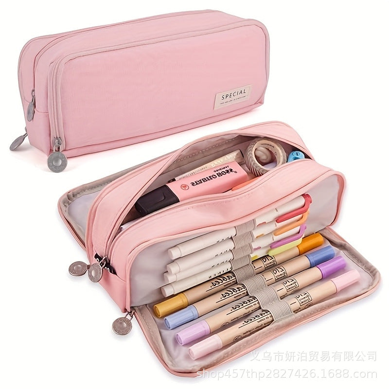 in stock Multi-layer Canvas Retractable Pencil Case Korean Simple High School Student Macaron Color-block Variable Large Capacity Pencil Case