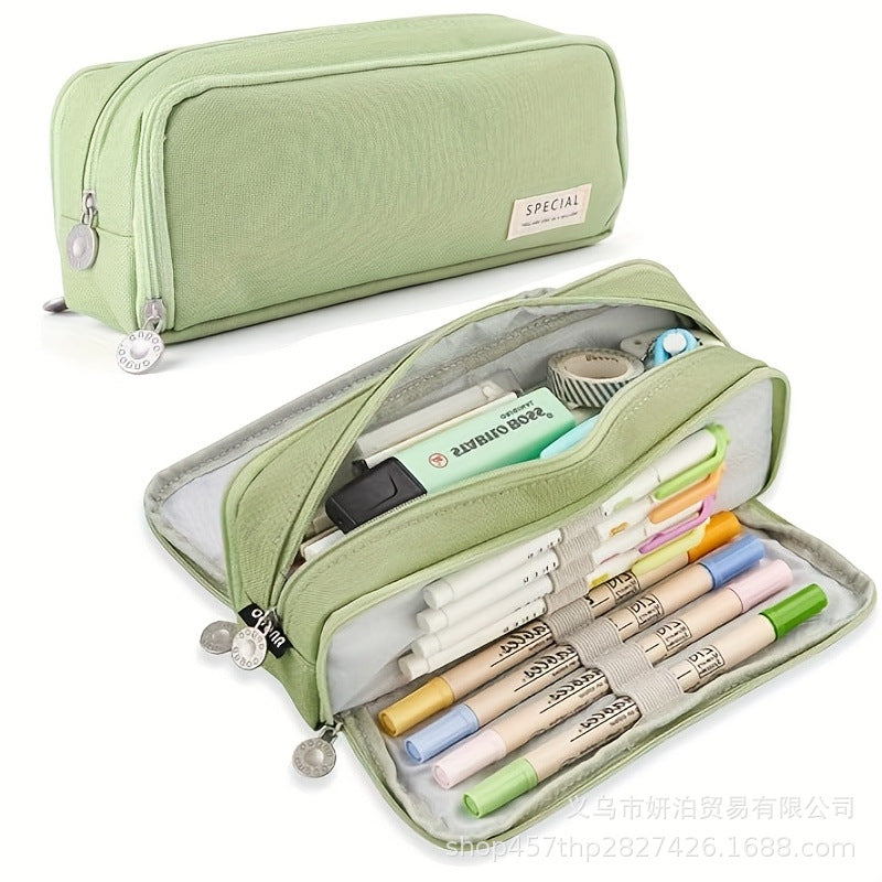in stock Multi-layer Canvas Retractable Pencil Case Korean Simple High School Student Macaron Color-block Variable Large Capacity Pencil Case
