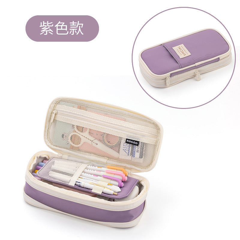 in stock Multi-layer Canvas Retractable Pencil Case Korean Simple High School Student Macaron Color-block Variable Large Capacity Pencil Case