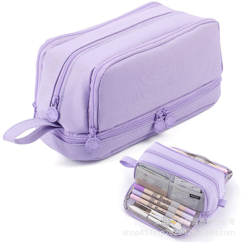 in stock Multi-layer Canvas Retractable Pencil Case Korean Simple High School Student Macaron Color-block Variable Large Capacity Pencil Case