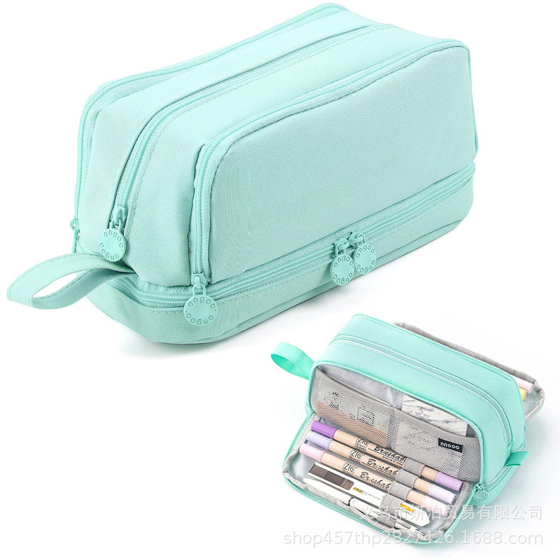 in stock Multi-layer Canvas Retractable Pencil Case Korean Simple High School Student Macaron Color-block Variable Large Capacity Pencil Case