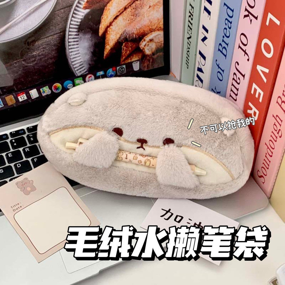 Japanese-Style Cartoon Kt Cat Ear Plush Pencil Case, High-Capacity, High-Appearance Value, Suitable for Middle and High School Students