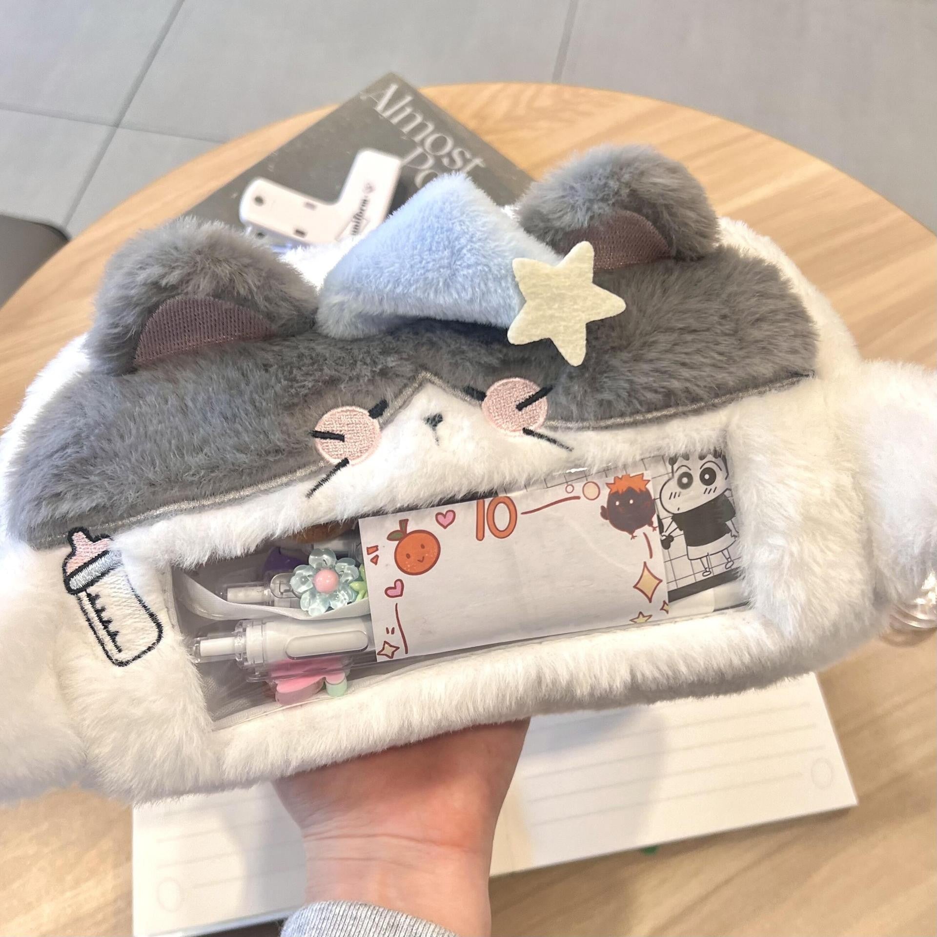Japanese-Style Cartoon Kt Cat Ear Plush Pencil Case, High-Capacity, High-Appearance Value, Suitable for Middle and High School Students
