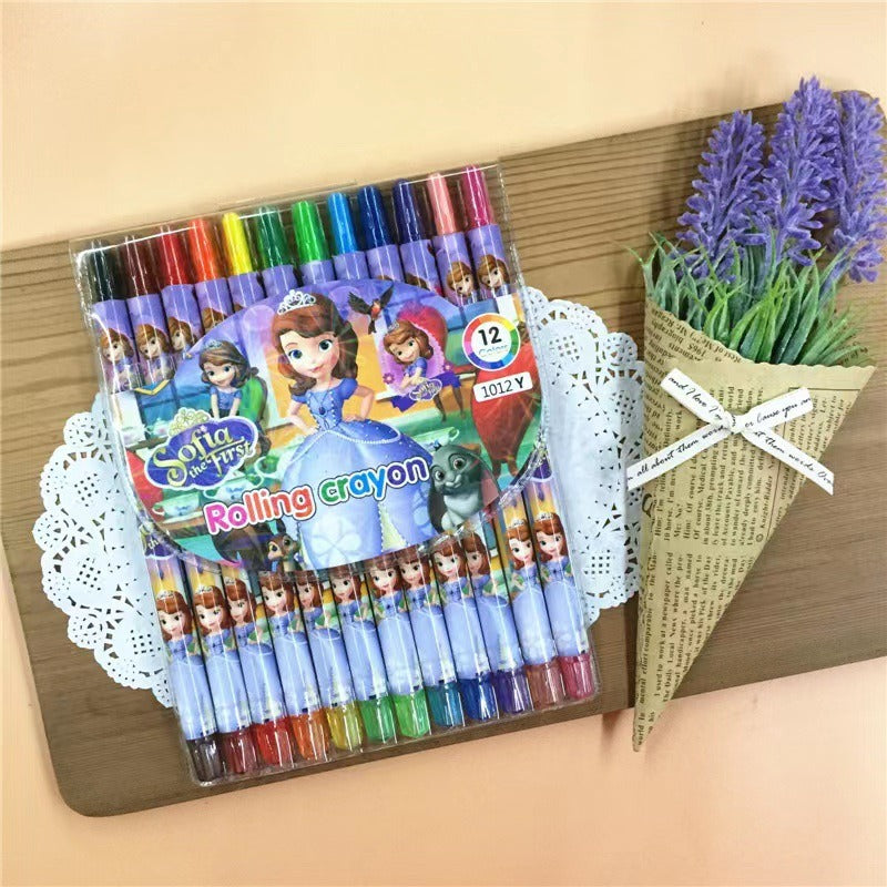 1012 cartoon cute 12 color rotating crayon creative painting stationery kindergarten children long crayons