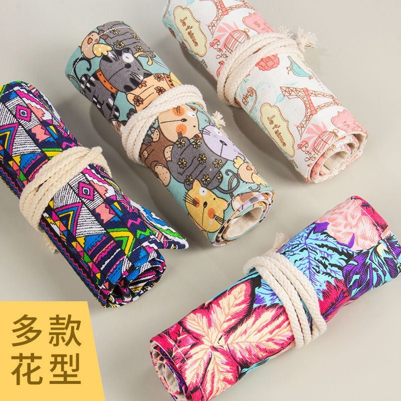 Handmade Canvas Pen Curtain 36/48/72 Holes Large Capacity Niche High-End Pencil Bag Student Sketch Stationery Cosmetics Bag