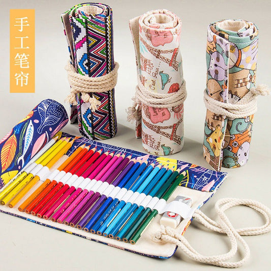 Handmade Canvas Pen Curtain 36/48/72 Holes Large Capacity Niche High-End Pencil Bag Student Sketch Stationery Cosmetics Bag