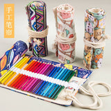 Handmade Canvas Pen Curtain 36/48/72 Holes Large Capacity Niche High-End Pencil Bag Student Sketch Stationery Cosmetics Bag