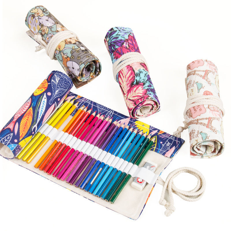 Handmade Canvas Pen Curtain 36/48/72 Holes Large Capacity Niche High-End Pencil Bag Student Sketch Stationery Cosmetics Bag