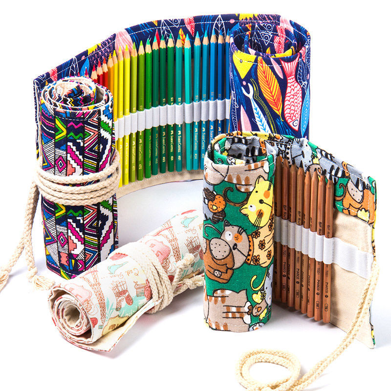 Handmade Canvas Pen Curtain 36/48/72 Holes Large Capacity Niche High-End Pencil Bag Student Sketch Stationery Cosmetics Bag