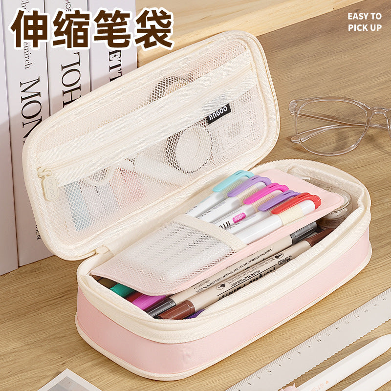 in stock Multi-layer Canvas Retractable Pencil Case Korean Simple High School Student Macaron Color-block Variable Large Capacity Pencil Case