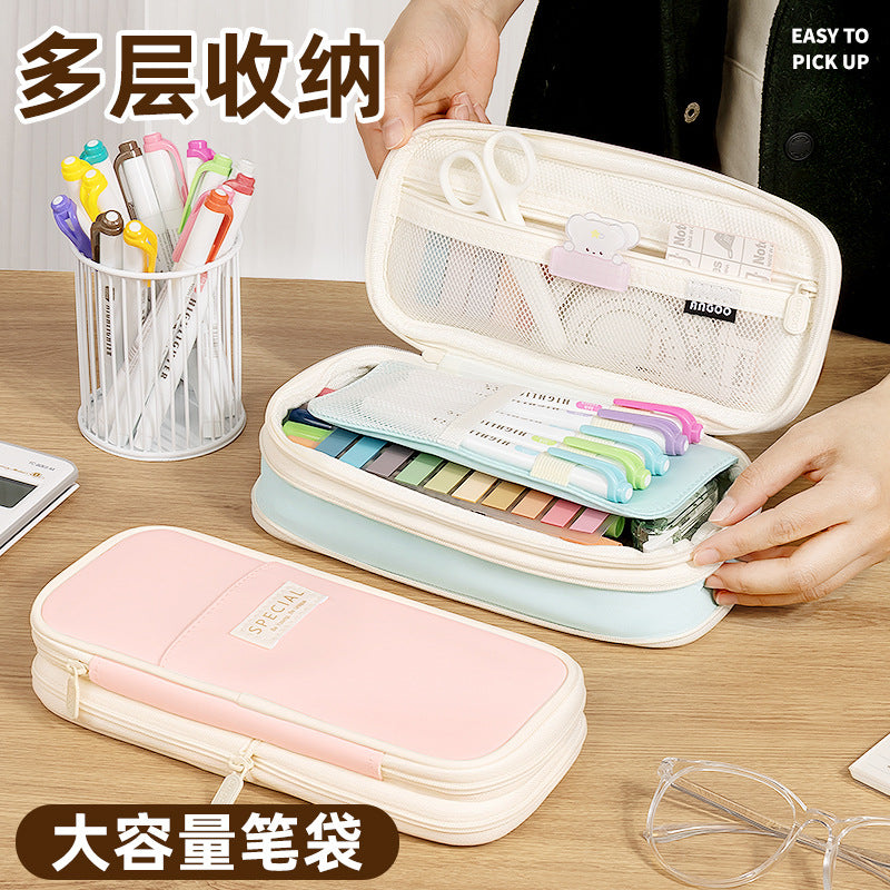 in stock Multi-layer Canvas Retractable Pencil Case Korean Simple High School Student Macaron Color-block Variable Large Capacity Pencil Case