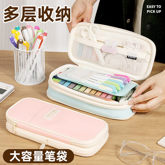 in stock Multi-layer Canvas Retractable Pencil Case Korean Simple High School Student Macaron Color-block Variable Large Capacity Pencil Case