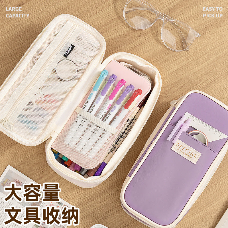 in stock Multi-layer Canvas Retractable Pencil Case Korean Simple High School Student Macaron Color-block Variable Large Capacity Pencil Case