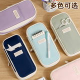 in stock Multi-layer Canvas Retractable Pencil Case Korean Simple High School Student Macaron Color-block Variable Large Capacity Pencil Case