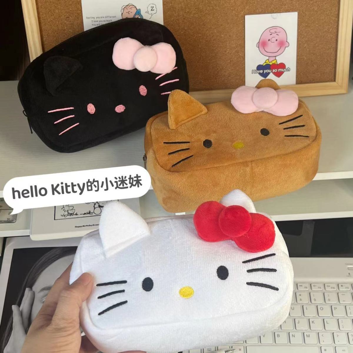 Japanese-Style Cartoon Kt Cat Ear Plush Pencil Case, High-Capacity, High-Appearance Value, Suitable for Middle and High School Students