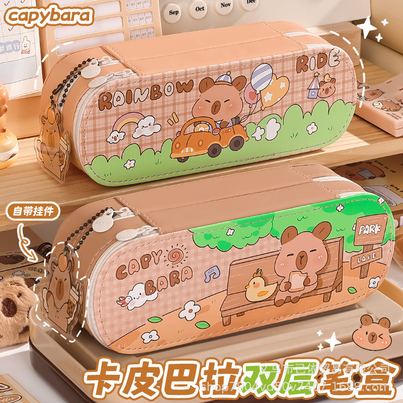 Pu Double-Layer Large-Capacity Pencil Case with Cartoon Capybara Theme, Pencil Box for Primary and Secondary School Students, Stationery Storage Bag with Compartments