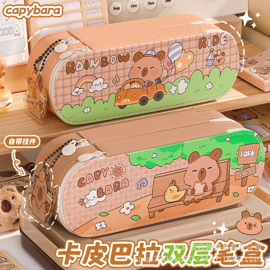 Pu Double-Layer Large-Capacity Pencil Case with Cartoon Capybara Theme, Pencil Box for Primary and Secondary School Students, Stationery Storage Bag with Compartments