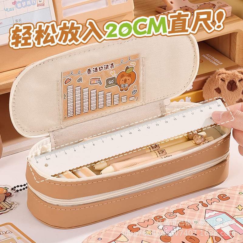 Pu Double-Layer Large-Capacity Pencil Case with Cartoon Capybara Theme, Pencil Box for Primary and Secondary School Students, Stationery Storage Bag with Compartments