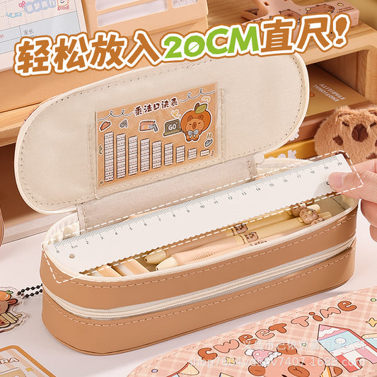 Pu Double-Layer Large-Capacity Pencil Case with Cartoon Capybara Theme, Pencil Box for Primary and Secondary School Students, Stationery Storage Bag with Compartments