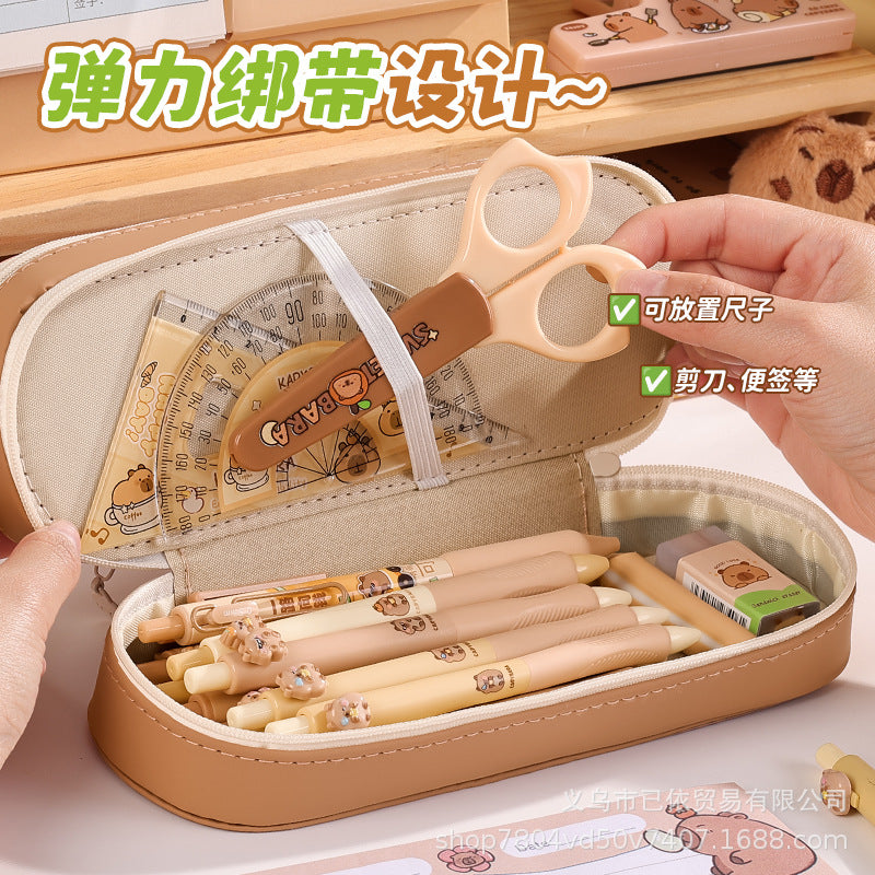 Pu Double-Layer Large-Capacity Pencil Case with Cartoon Capybara Theme, Pencil Box for Primary and Secondary School Students, Stationery Storage Bag with Compartments