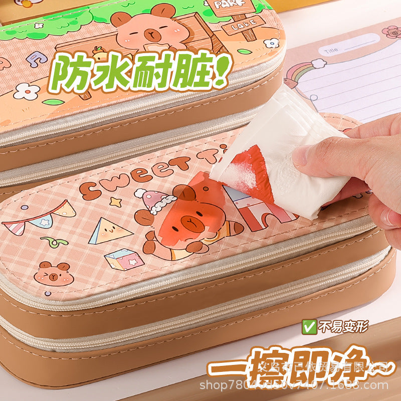 Pu Double-Layer Large-Capacity Pencil Case with Cartoon Capybara Theme, Pencil Box for Primary and Secondary School Students, Stationery Storage Bag with Compartments