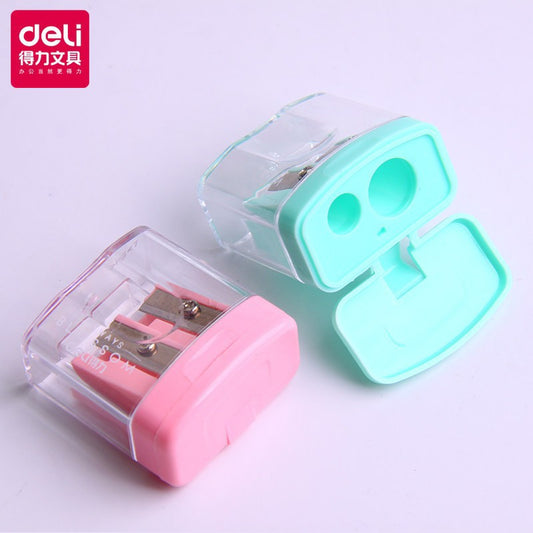 Deli double-hole pencil sharpener plastic pencil sharpener with lid pencil sharpener cute children pencil sharpener pencil sharpener wholesale