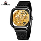 Forsining Men’s Square Mechanical Watch – Stainless Steel Skeleton Dial, Luminous Hands